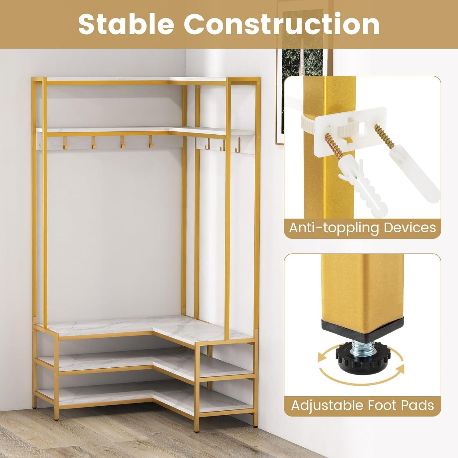 image:imageGiantex Corner Coat Rack with Shoe Bench LShaped Garment Rack with 5 Shelves amp 7 Hooks Heavy Duty Freestanding Clothes Racks Entryway Bench with Shoes Organizer for Hallway White amp GoldWhite Gold