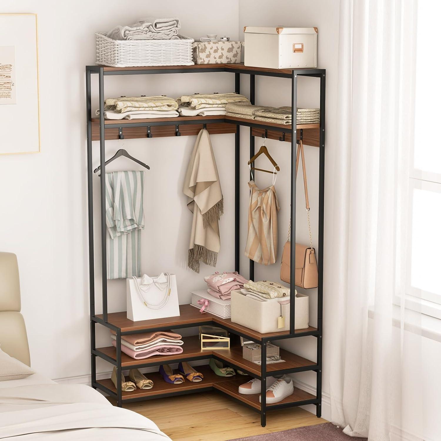 image:imageGiantex Corner Coat Rack with Shoe Bench LShaped Garment Rack with 5 Shelves amp 7 Hooks Heavy Duty Freestanding Clothes Racks Entryway Bench with Shoes Organizer for Hallway White amp GoldWalnut Black