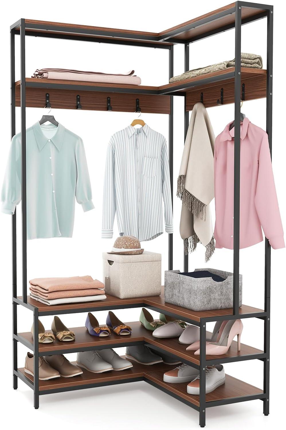 image:imageGiantex Corner Coat Rack with Shoe Bench LShaped Garment Rack with 5 Shelves amp 7 Hooks Heavy Duty Freestanding Clothes Racks Entryway Bench with Shoes Organizer for Hallway White amp GoldWalnut Black