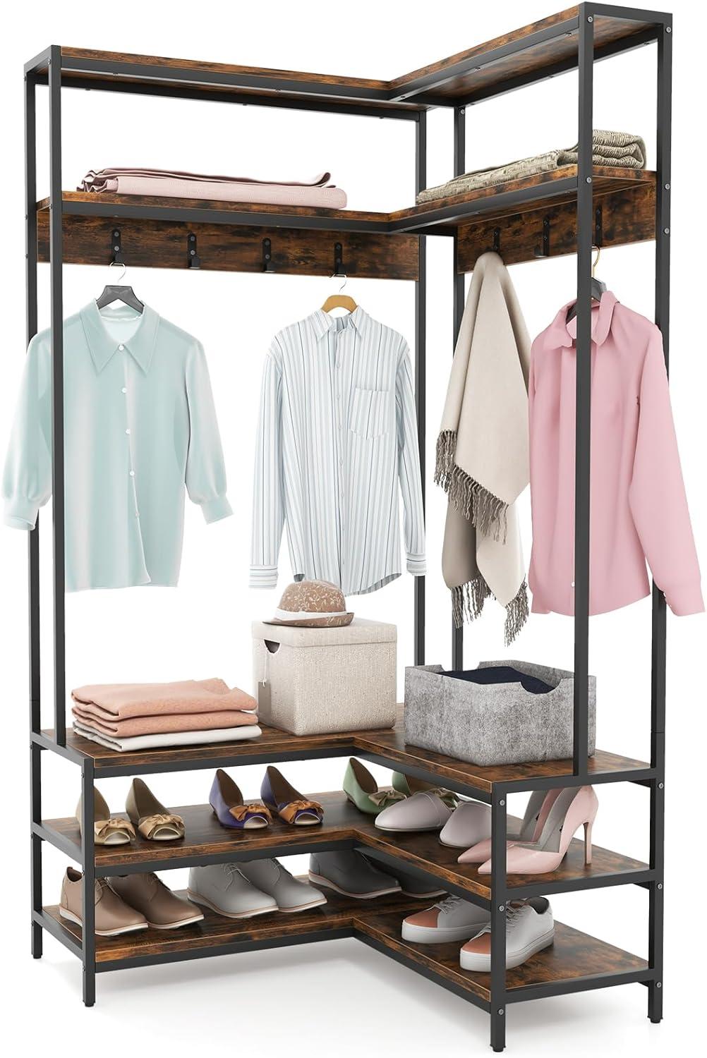 image:imageGiantex Corner Coat Rack with Shoe Bench LShaped Garment Rack with 5 Shelves amp 7 Hooks Heavy Duty Freestanding Clothes Racks Entryway Bench with Shoes Organizer for Hallway White amp GoldRustic Brown Black