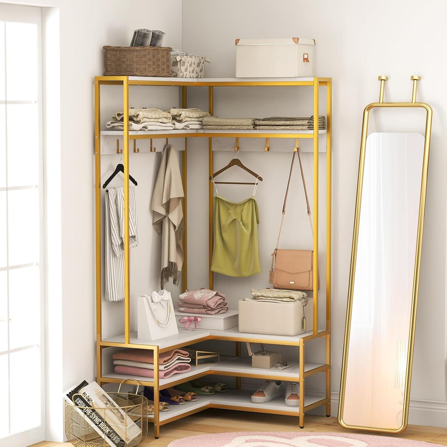 image:imageGiantex Corner Coat Rack with Shoe Bench LShaped Garment Rack with 5 Shelves amp 7 Hooks Heavy Duty Freestanding Clothes Racks Entryway Bench with Shoes Organizer for Hallway White amp GoldWhite Gold