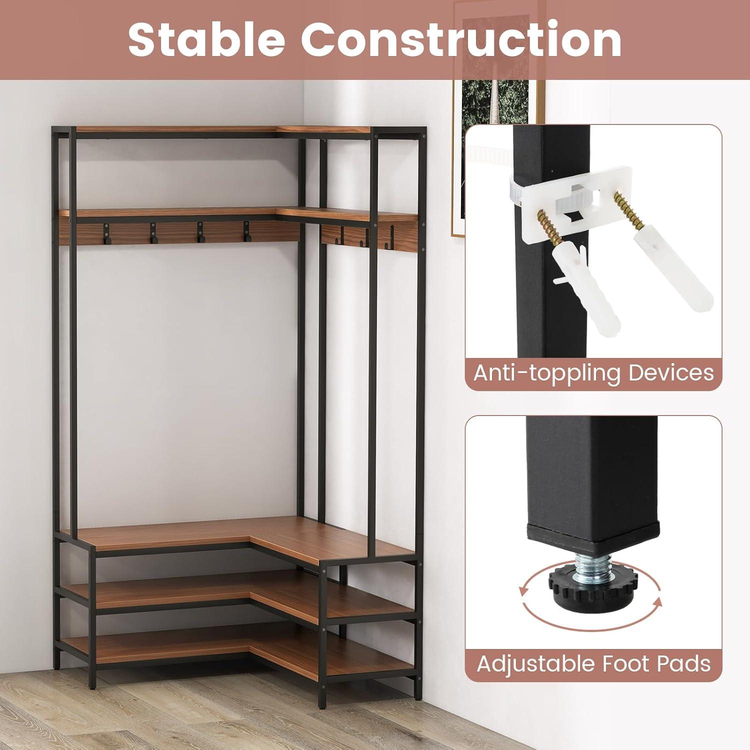image:imageGiantex Corner Coat Rack with Shoe Bench LShaped Garment Rack with 5 Shelves amp 7 Hooks Heavy Duty Freestanding Clothes Racks Entryway Bench with Shoes Organizer for Hallway White amp GoldWalnut Black