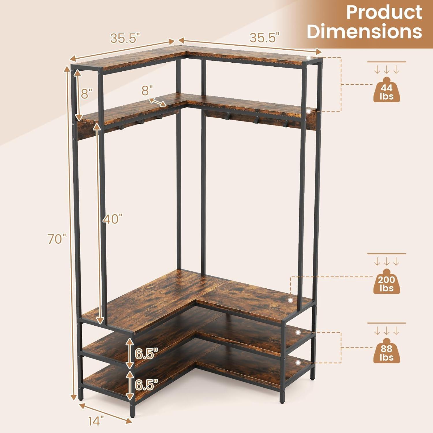 image:imageGiantex Corner Coat Rack with Shoe Bench LShaped Garment Rack with 5 Shelves amp 7 Hooks Heavy Duty Freestanding Clothes Racks Entryway Bench with Shoes Organizer for Hallway White amp GoldRustic Brown Black