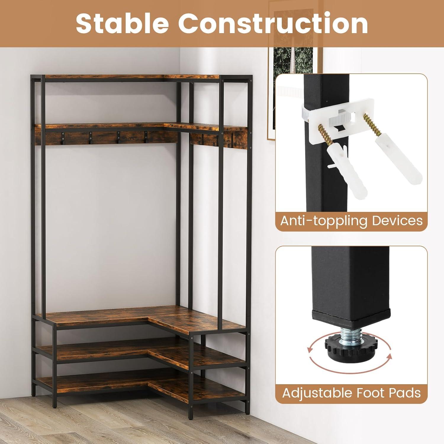 image:imageGiantex Corner Coat Rack with Shoe Bench LShaped Garment Rack with 5 Shelves amp 7 Hooks Heavy Duty Freestanding Clothes Racks Entryway Bench with Shoes Organizer for Hallway White amp GoldRustic Brown Black