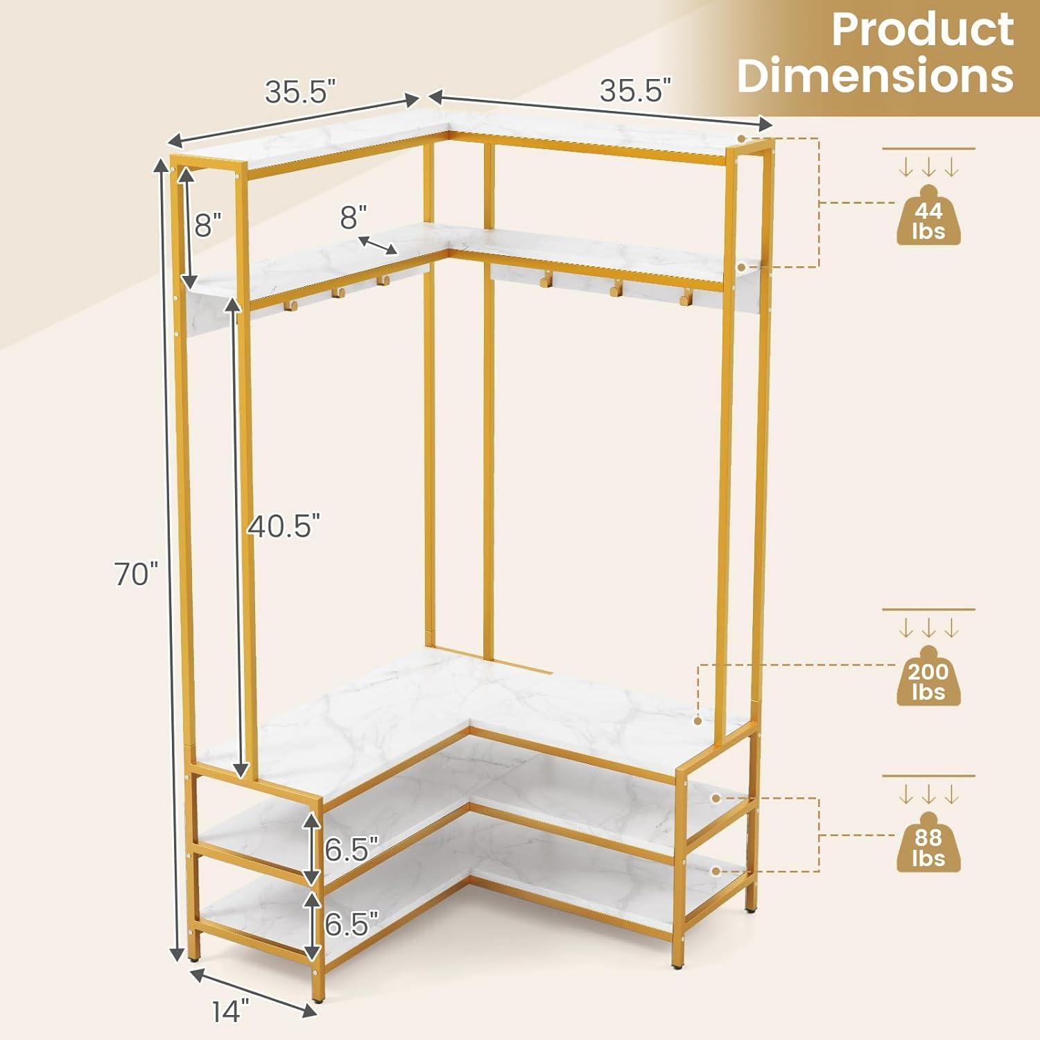 image:imageGiantex Corner Coat Rack with Shoe Bench LShaped Garment Rack with 5 Shelves amp 7 Hooks Heavy Duty Freestanding Clothes Racks Entryway Bench with Shoes Organizer for Hallway White amp GoldWhite Gold
