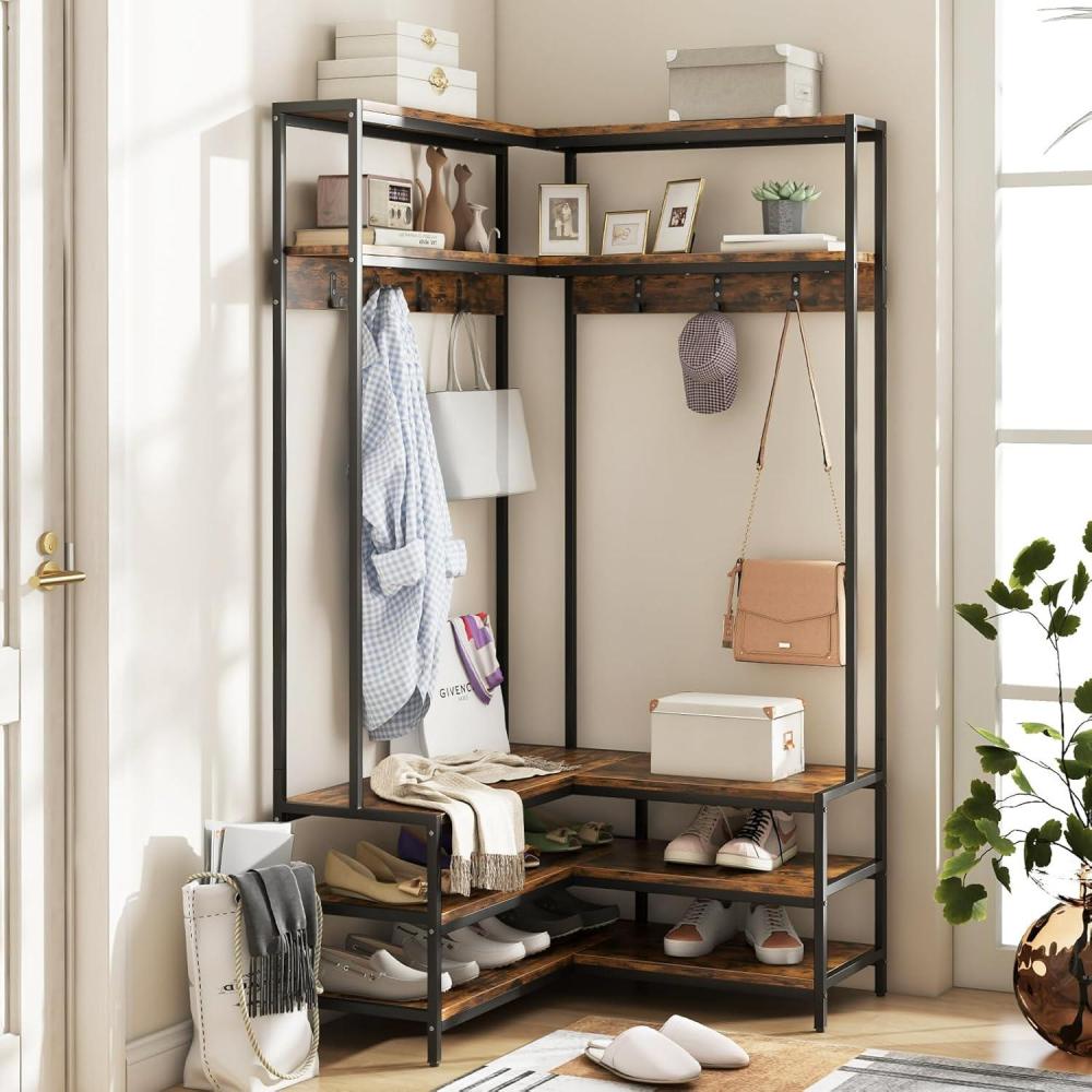 image:imageGiantex Corner Coat Rack with Shoe Bench LShaped Garment Rack with 5 Shelves amp 7 Hooks Heavy Duty Freestanding Clothes Racks Entryway Bench with Shoes Organizer for Hallway White amp GoldRustic Brown Black
