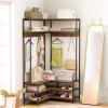 Giantex Corner Coat Rack with Shoe Bench, L-Shaped Garment Rack with 5 Shelves & 7 Hooks, Heavy Duty Freestanding Clothes Racks Entryway Bench with Shoes Organizer for Hallway (White & Gold)(Walnut & Black)