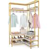 Giantex Corner Coat Rack with Shoe Bench, L-Shaped Garment Rack with 5 Shelves & 7 Hooks, Heavy Duty Freestanding Clothes Racks Entryway Bench with Shoes Organizer for Hallway (White & Gold)(White & Gold)