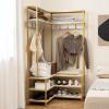 Giantex Corner Coat Rack with Shoe Bench, L-Shaped Garment Rack with 5 Shelves & 7 Hooks, Heavy Duty Freestanding Clothes Racks Entryway Bench with Shoes Organizer for Hallway (White & Gold)(White & Gold)