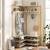 Giantex Corner Coat Rack with Shoe Bench, L-Shaped Garment Rack with 5 Shelves & 7 Hooks, Heavy Duty Freestanding Clothes Racks Entryway Bench with Shoes Organizer for Hallway (White & Gold)(White & Gold)