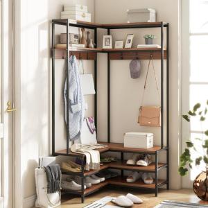 Giantex Corner Coat Rack with Shoe Bench, L-Shaped Garment Rack with 5 Shelves & 7 Hooks, Heavy Duty Freestanding Clothes Racks Entryway Bench with Shoes Organizer for Hallway (White & Gold)(Walnut & Black)
