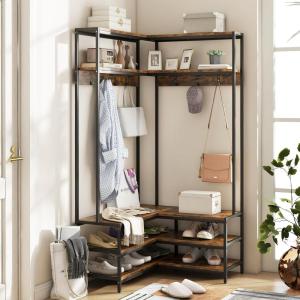 Giantex Corner Coat Rack with Shoe Bench, L-Shaped Garment Rack with 5 Shelves & 7 Hooks, Heavy Duty Freestanding Clothes Racks Entryway Bench with Shoes Organizer for Hallway (White & Gold)(Rustic Brown & Black)