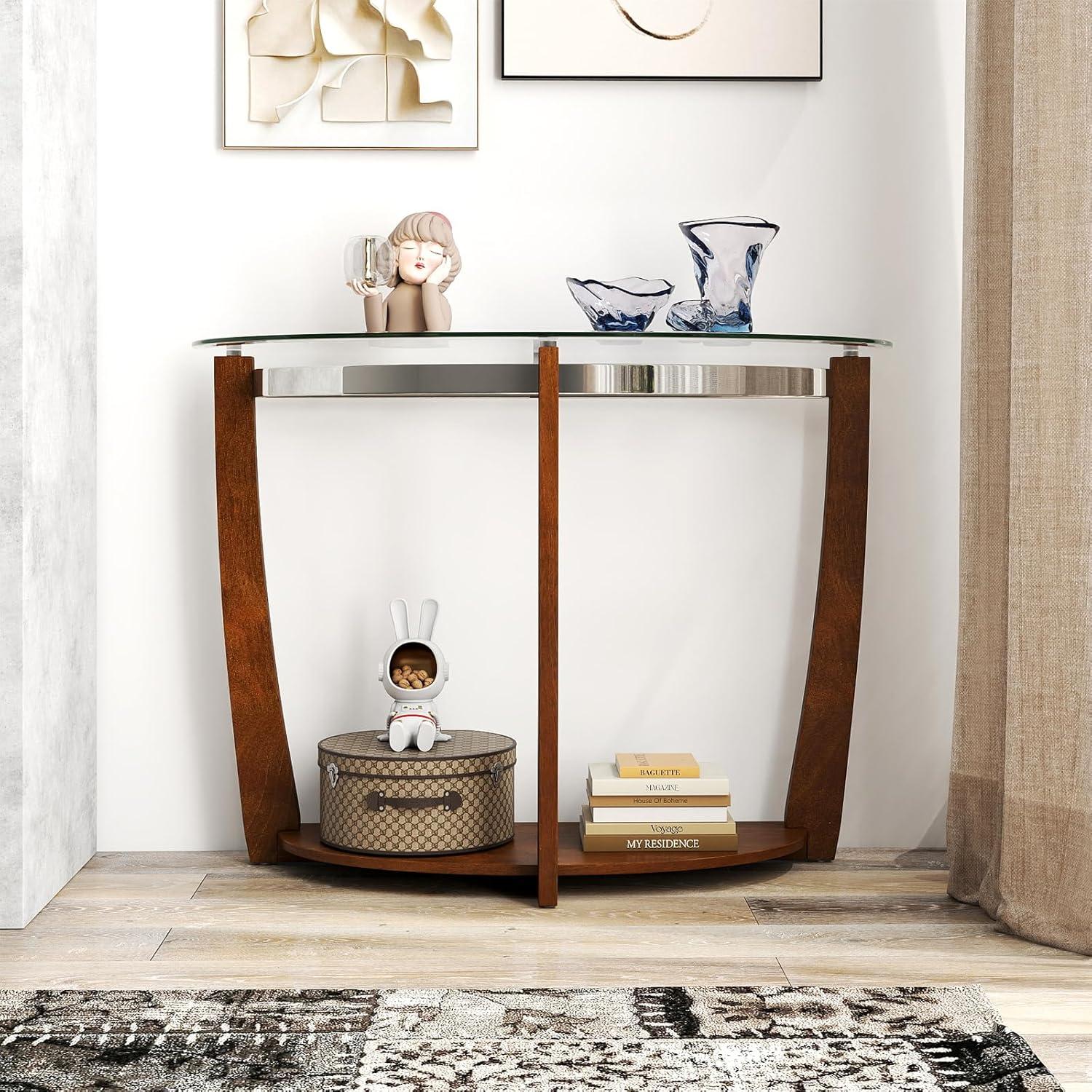 image:imageGiantex 2Tier Glass Console Table Half Moon Modern Entryway Table with Tempered Glass Top amp Open Storage Shelf Narrow Long Sofa Table for Living Room Hallway Foyer Entrance BlackWalnut