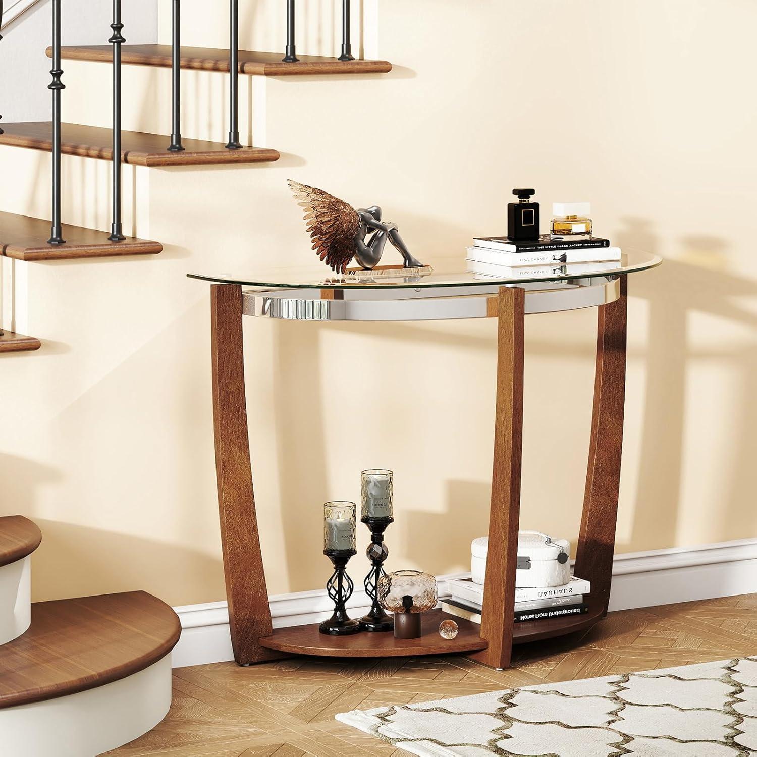 image:imageGiantex 2Tier Glass Console Table Half Moon Modern Entryway Table with Tempered Glass Top amp Open Storage Shelf Narrow Long Sofa Table for Living Room Hallway Foyer Entrance BlackWalnut