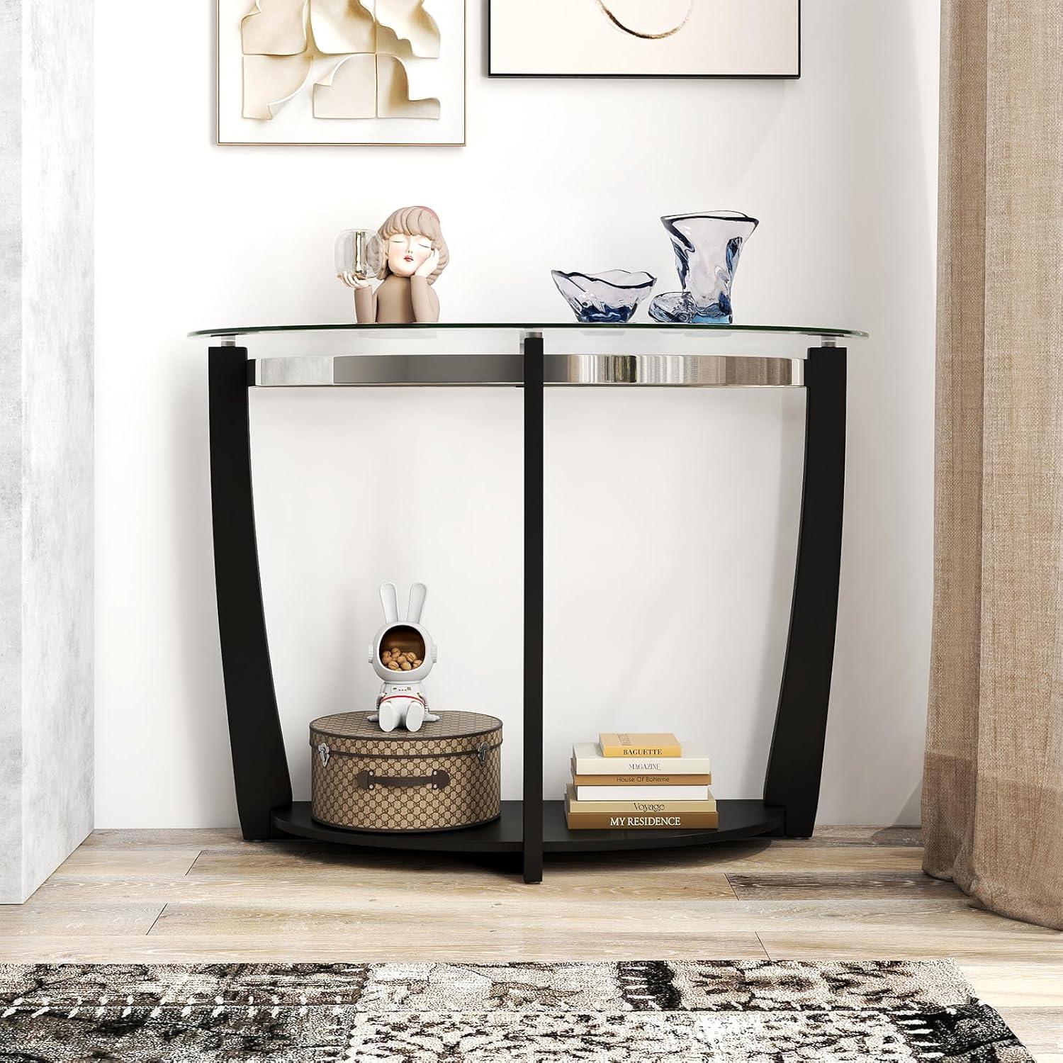 image:imageGiantex 2Tier Glass Console Table Half Moon Modern Entryway Table with Tempered Glass Top amp Open Storage Shelf Narrow Long Sofa Table for Living Room Hallway Foyer Entrance BlackBlack