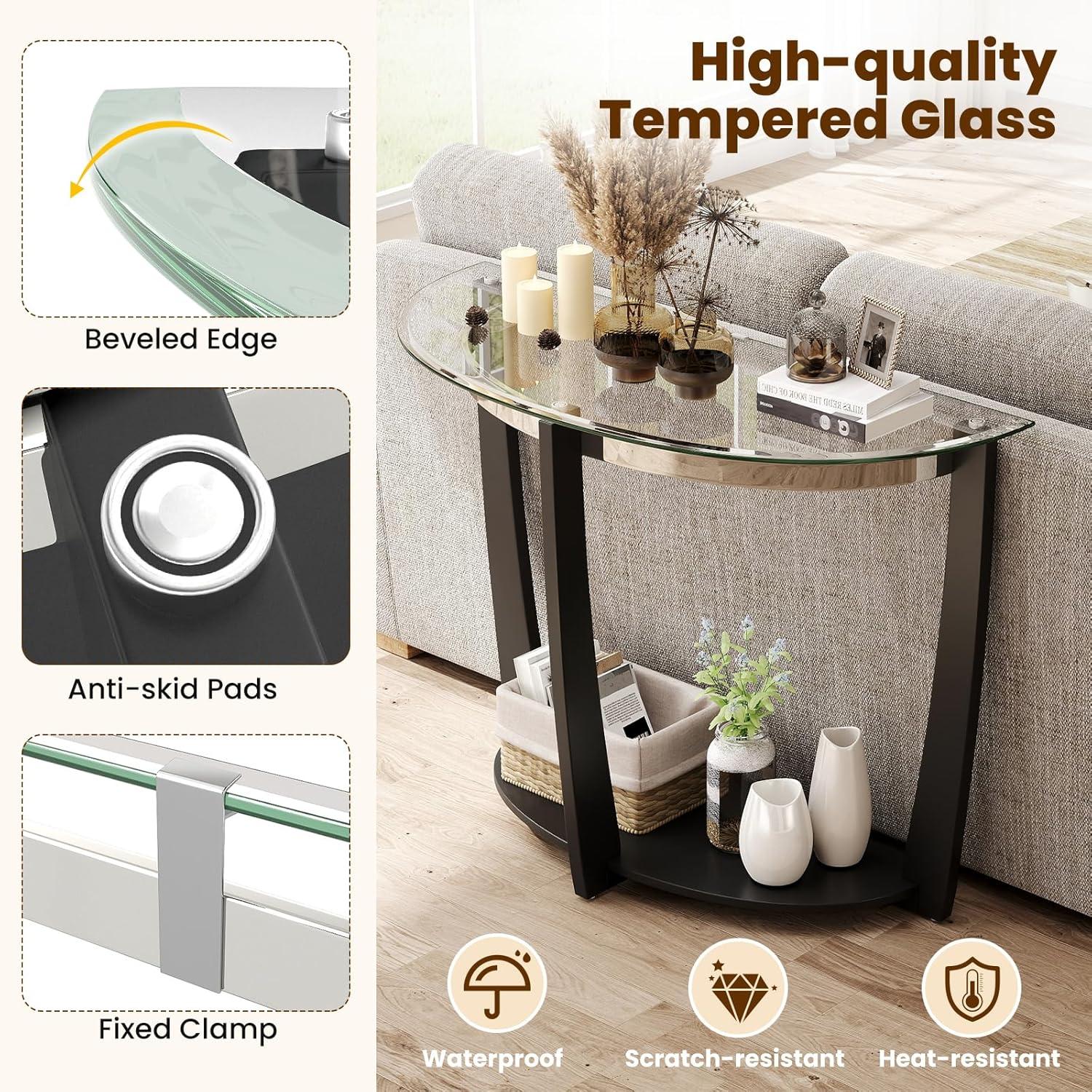 image:imageGiantex 2Tier Glass Console Table Half Moon Modern Entryway Table with Tempered Glass Top amp Open Storage Shelf Narrow Long Sofa Table for Living Room Hallway Foyer Entrance BlackBlack