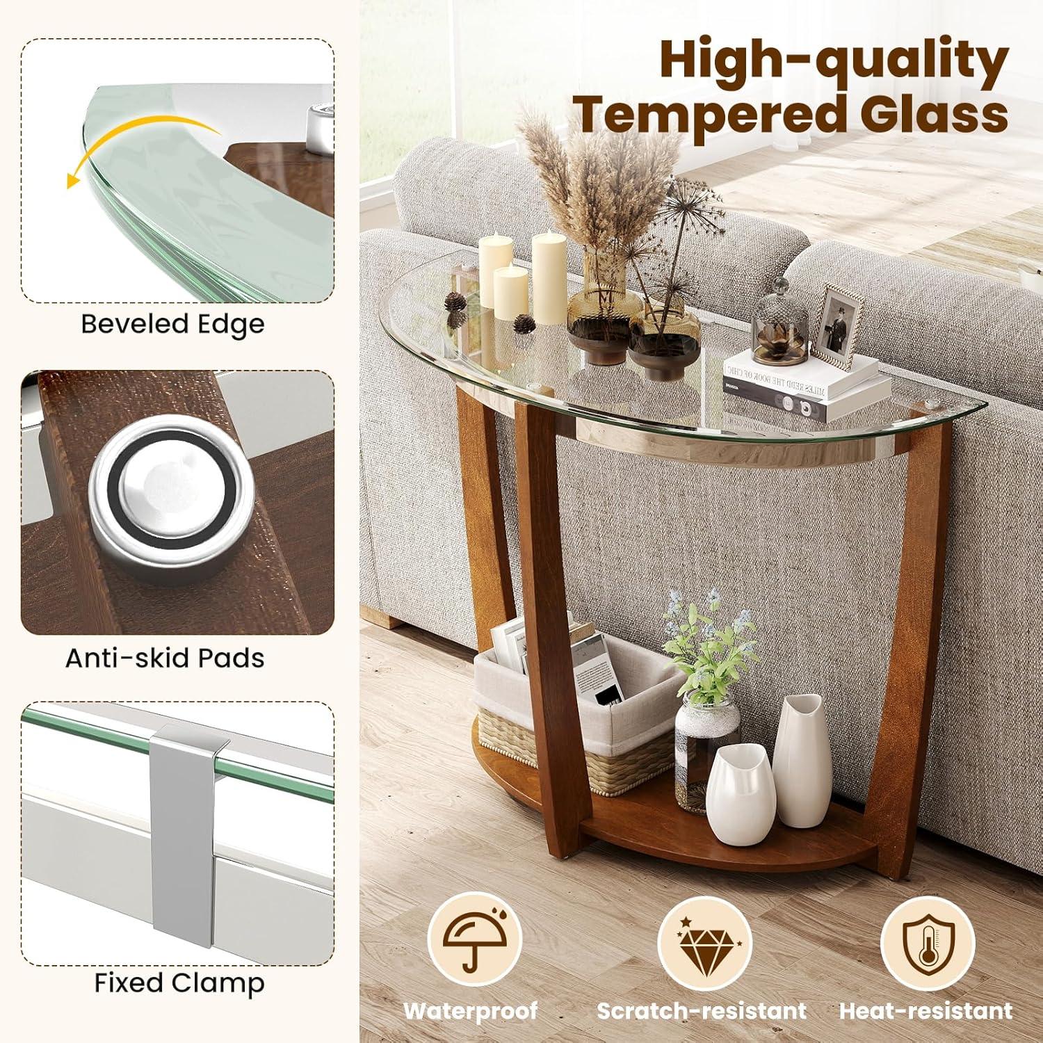 image:imageGiantex 2Tier Glass Console Table Half Moon Modern Entryway Table with Tempered Glass Top amp Open Storage Shelf Narrow Long Sofa Table for Living Room Hallway Foyer Entrance BlackWalnut