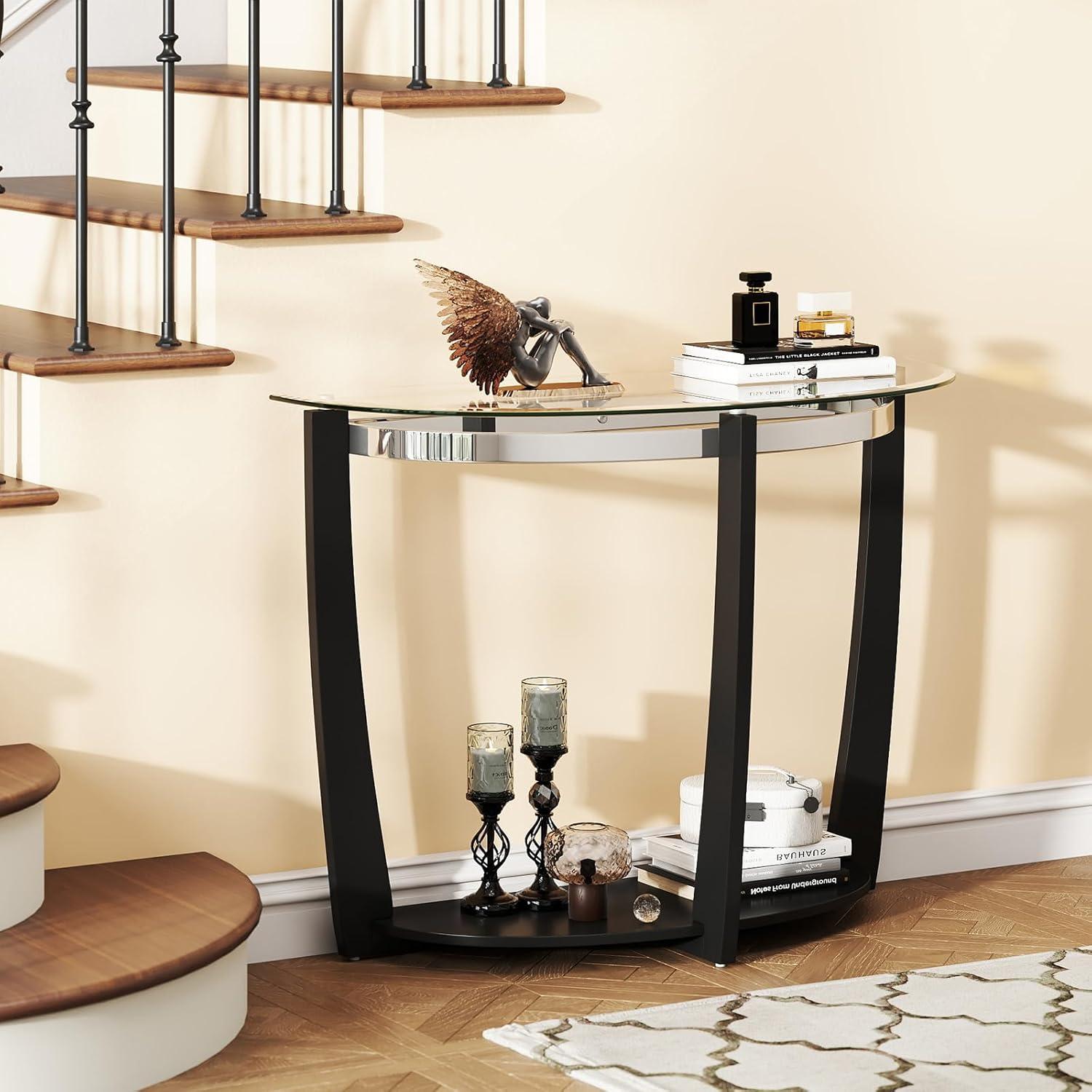 image:imageGiantex 2Tier Glass Console Table Half Moon Modern Entryway Table with Tempered Glass Top amp Open Storage Shelf Narrow Long Sofa Table for Living Room Hallway Foyer Entrance BlackBlack