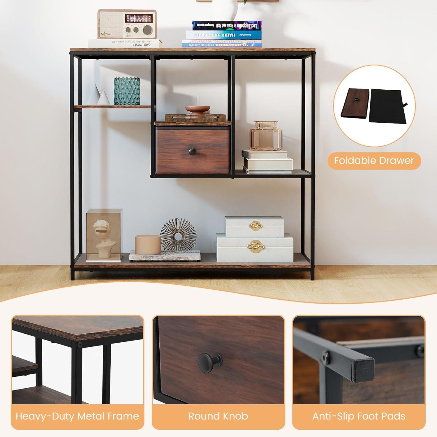 image:imageGiantex 40 Narrow Console Table Modern Sofa Table with Open Storage Shelves and Removable Drawer Skinny Behind Couch Tables Long Entrway Tables for Living Room Foyer Hallway Rustic BrownBlackRustic Brown Black
