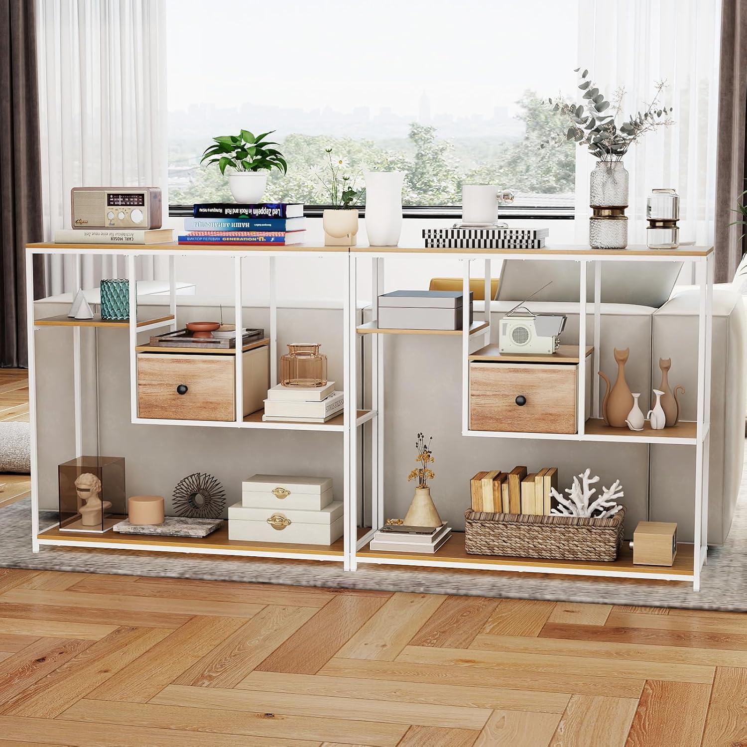 image:imageGiantex 40 Narrow Console Table Modern Sofa Table with Open Storage Shelves and Removable Drawer Skinny Behind Couch Tables Long Entrway Tables for Living Room Foyer Hallway Rustic BrownBlackNatural White