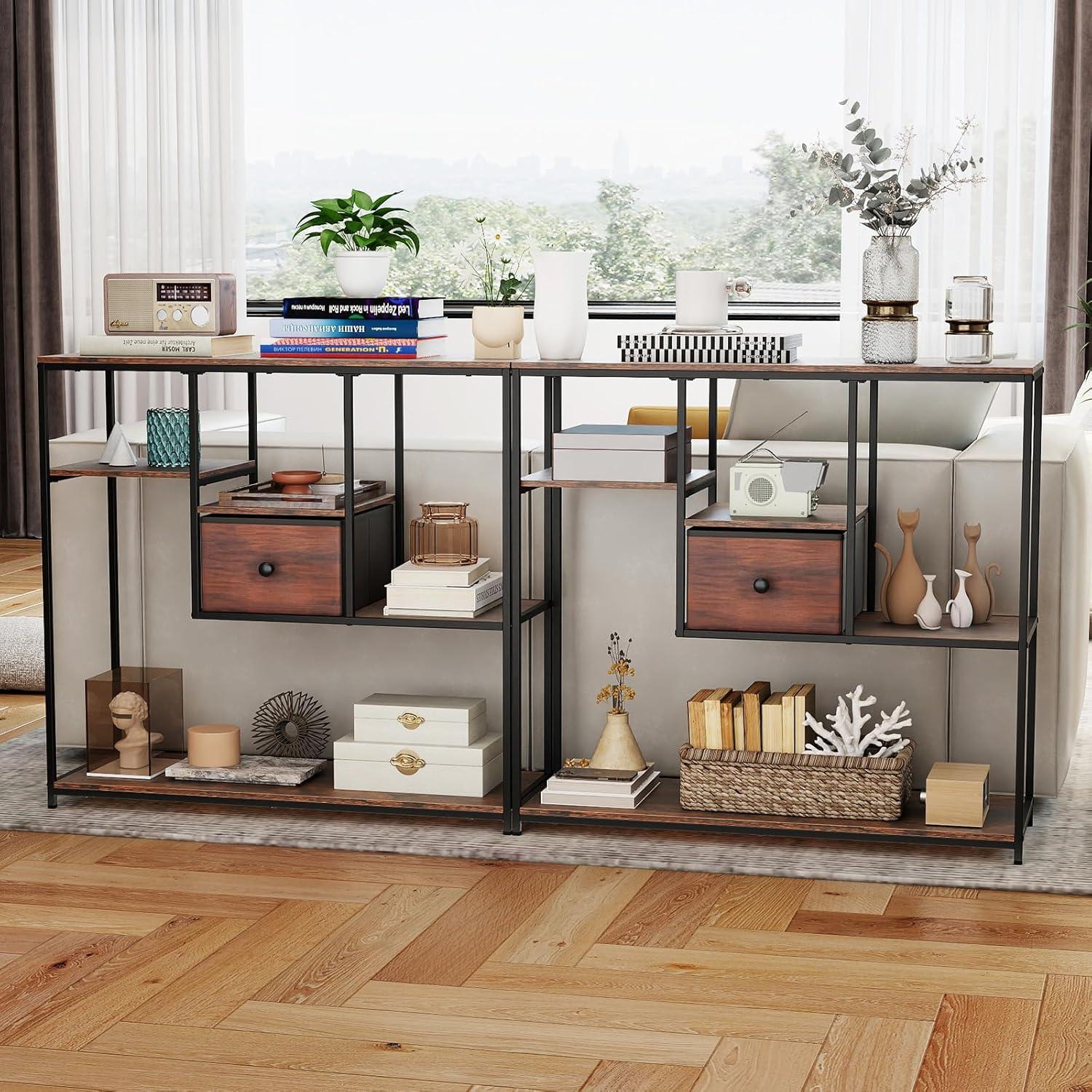 image:imageGiantex 40 Narrow Console Table Modern Sofa Table with Open Storage Shelves and Removable Drawer Skinny Behind Couch Tables Long Entrway Tables for Living Room Foyer Hallway Rustic BrownBlackRustic Brown Black