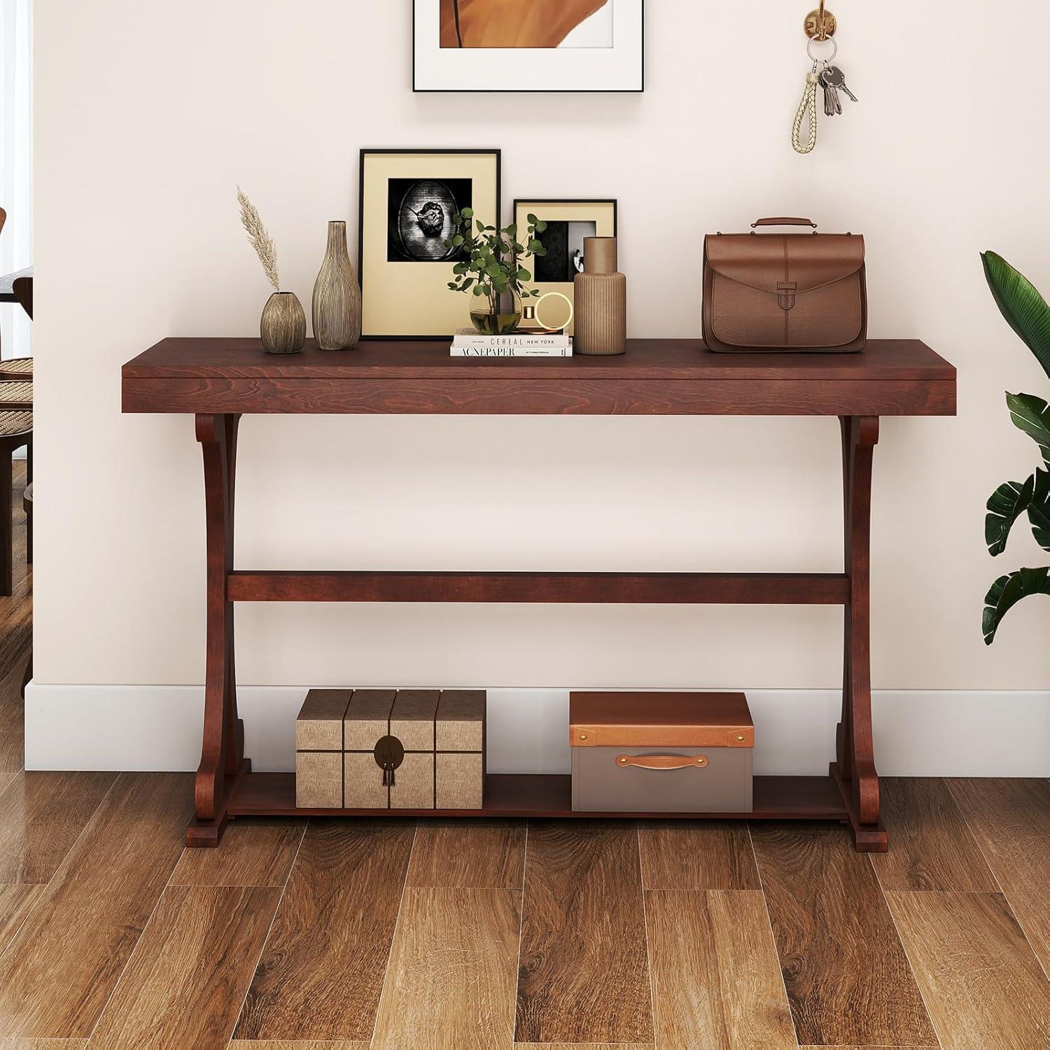 image:imageGiantex 52 Narrow Console Table Vintage Accent Entryway Table with Open Storage Shelf Long Wooden Behind Couch Sofa Table with Antitip Kit for Small Spaces Living Room Hallway BlackWalnut