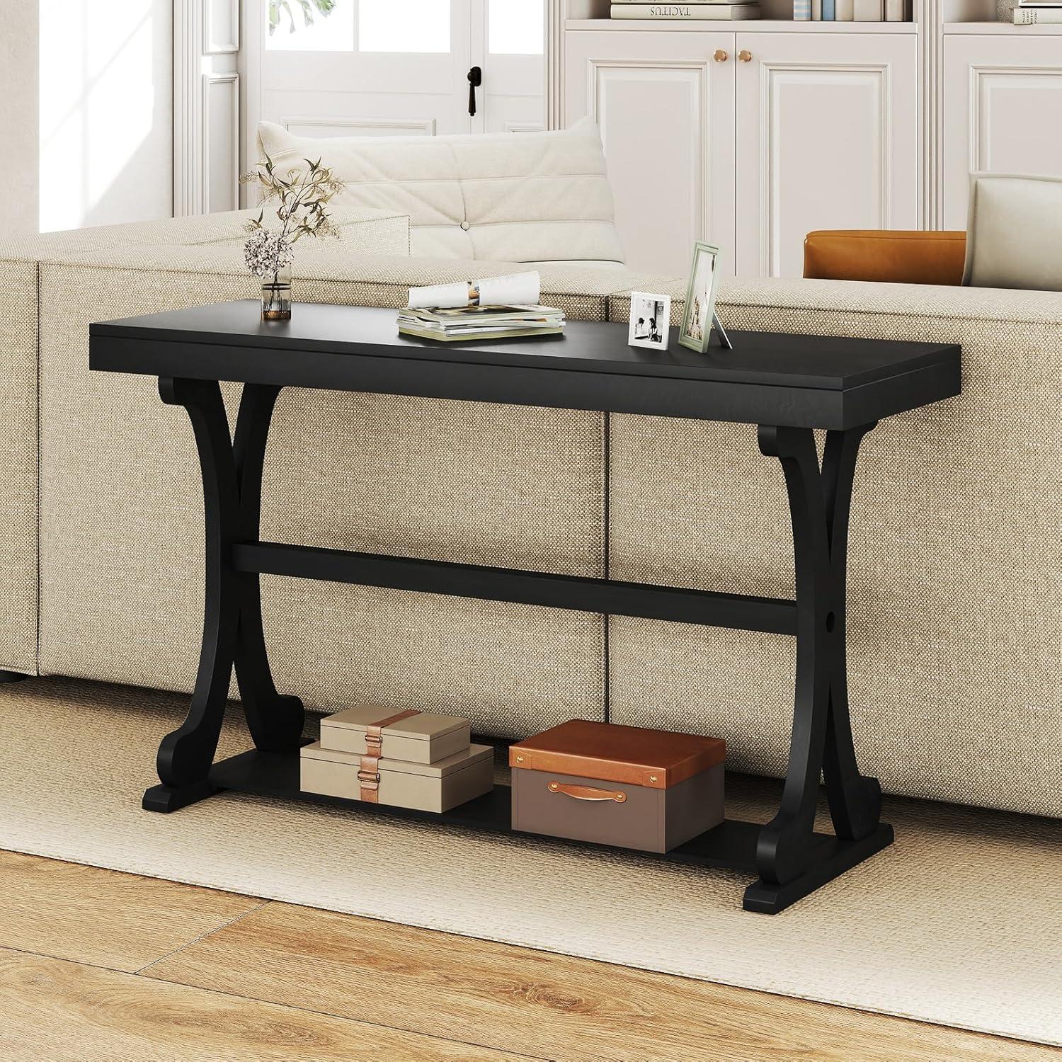 image:imageGiantex 52 Narrow Console Table Vintage Accent Entryway Table with Open Storage Shelf Long Wooden Behind Couch Sofa Table with Antitip Kit for Small Spaces Living Room Hallway BlackBlack
