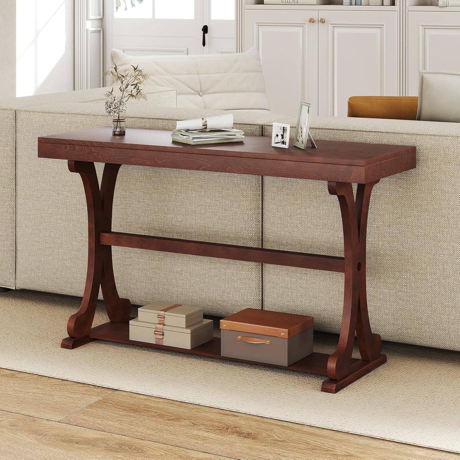image:imageGiantex 52 Narrow Console Table Vintage Accent Entryway Table with Open Storage Shelf Long Wooden Behind Couch Sofa Table with Antitip Kit for Small Spaces Living Room Hallway BlackWalnut