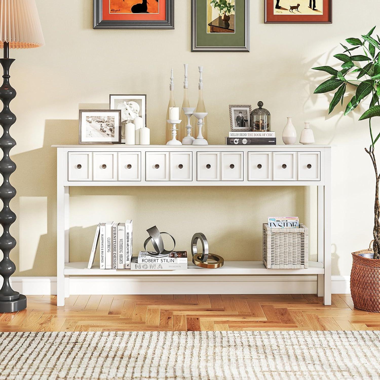 image:imageGiantex 60 Entryway Table Long Narrow Console Table with 4 Drawers and Open Storage Shelf Modern Slim Entry Tables Farmhouse Wooden Sofa Tables with AntiTip Kit for Living Room Hallway BlackWhite