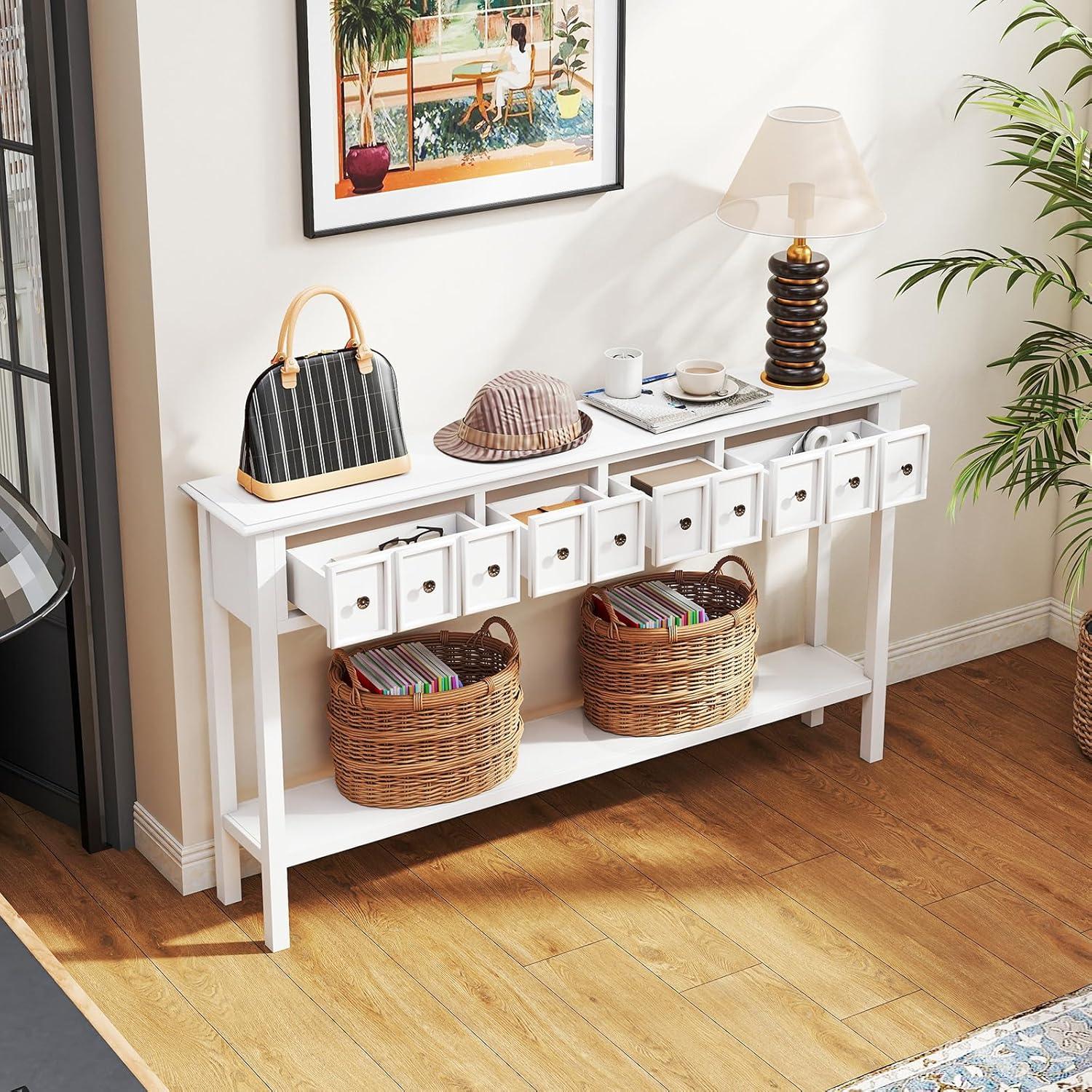 image:imageGiantex 60 Entryway Table Long Narrow Console Table with 4 Drawers and Open Storage Shelf Modern Slim Entry Tables Farmhouse Wooden Sofa Tables with AntiTip Kit for Living Room Hallway BlackWhite