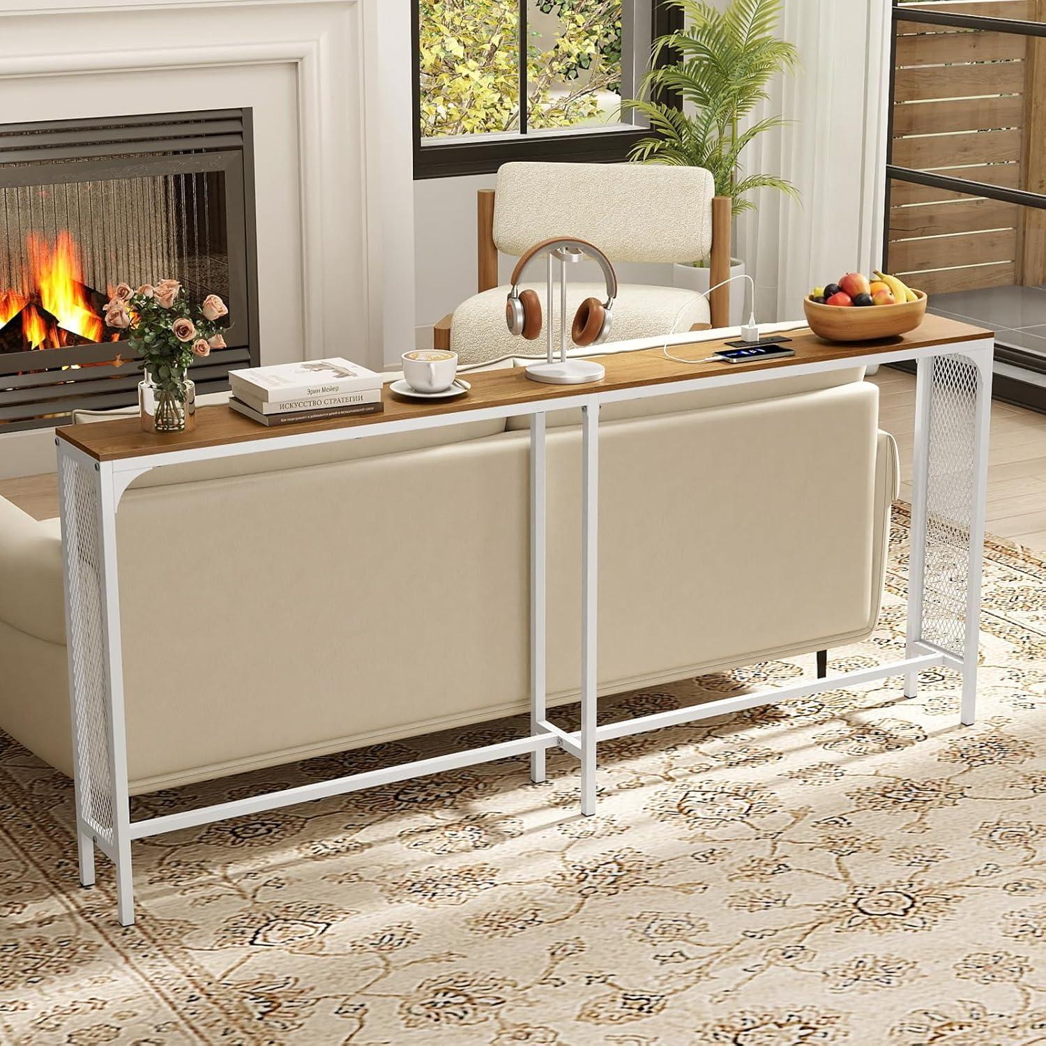 image:imageGiantex 71 Narrow Console Table with 2 Power Outlets and USBC Ports Sofa Tables with Charging Station amp Metal Frame Skinny Behind Couch Tables Long Entryway Tables for Living Room NaturalWhiteNatural White