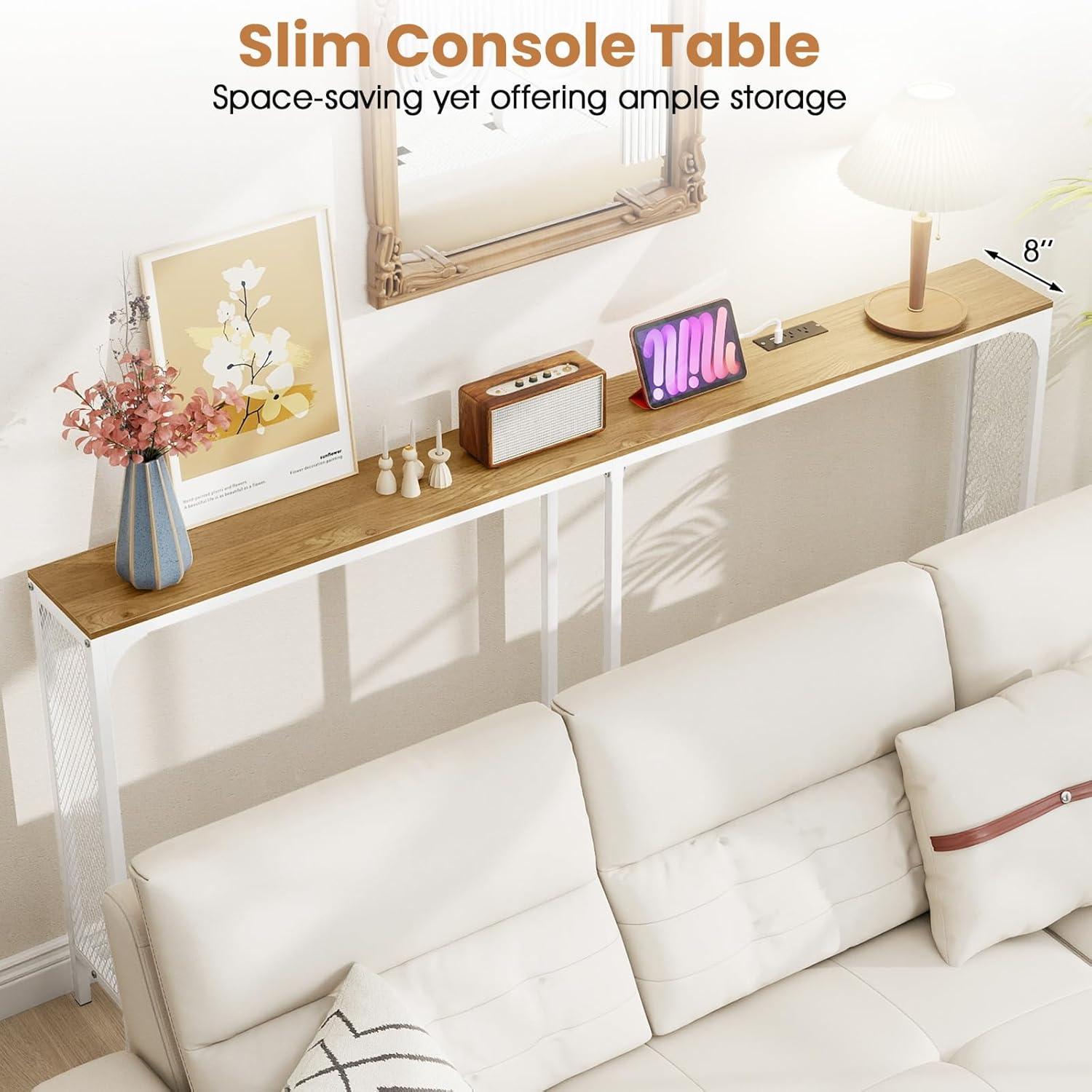 image:imageGiantex 71 Narrow Console Table with 2 Power Outlets and USBC Ports Sofa Tables with Charging Station amp Metal Frame Skinny Behind Couch Tables Long Entryway Tables for Living Room NaturalWhiteNatural White