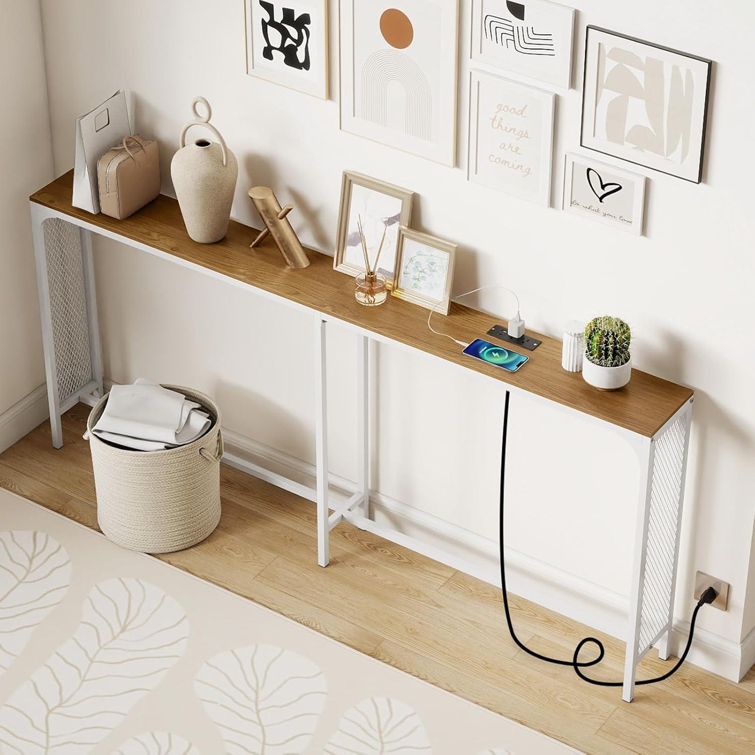 image:imageGiantex 71 Narrow Console Table with 2 Power Outlets and USBC Ports Sofa Tables with Charging Station amp Metal Frame Skinny Behind Couch Tables Long Entryway Tables for Living Room NaturalWhiteNatural White