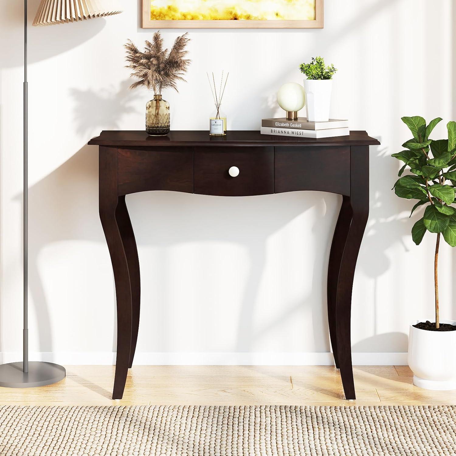 image:imageGiantex Wooden Console Table Chic Accent Entryway Table with Storage Drawers Solid Rubber Wood Legs and Metal Guide Rails Vintage Sofa Tables for Living Room Foyer Bedroom and Entrance