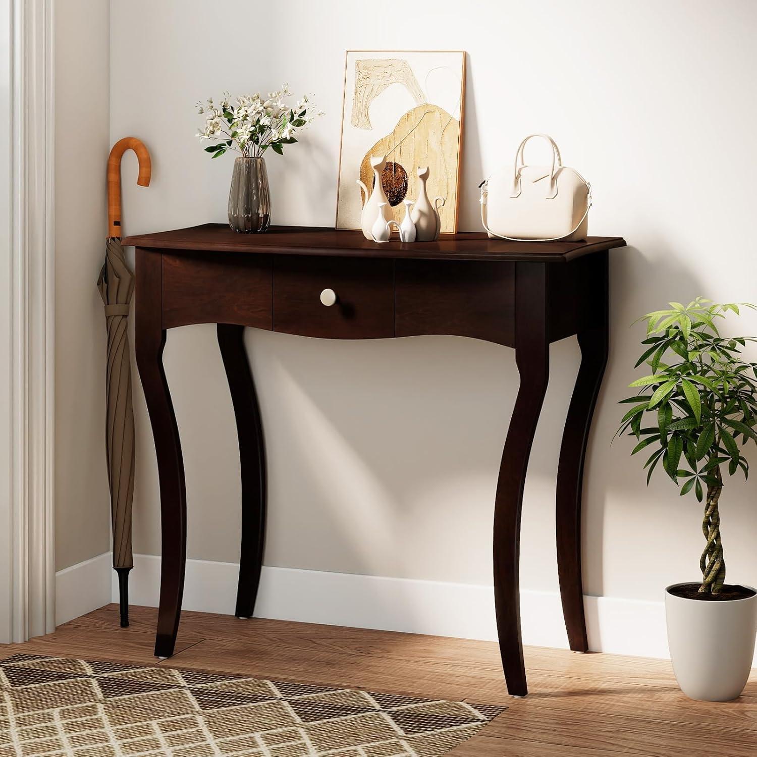 image:imageGiantex Wooden Console Table Chic Accent Entryway Table with Storage Drawers Solid Rubber Wood Legs and Metal Guide Rails Vintage Sofa Tables for Living Room Foyer Bedroom and Entrance