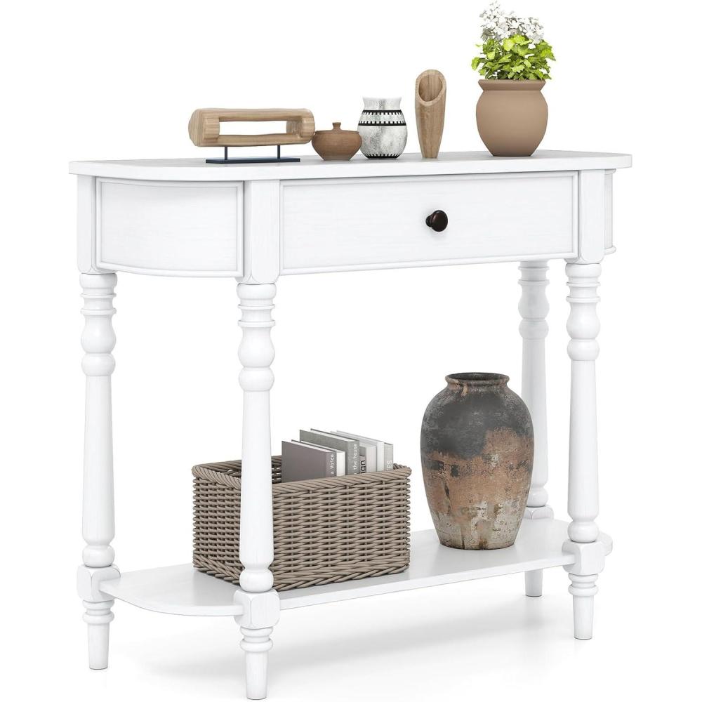 image:imageGiantex 2Tier Console Table 36 Retro Entryway Table with Storage Drawer amp Elegant Legs Narrow Wooden Sofa Table with Open Shelf for Living Room Foyer Hallway Bedroom Entrance BrownWhite