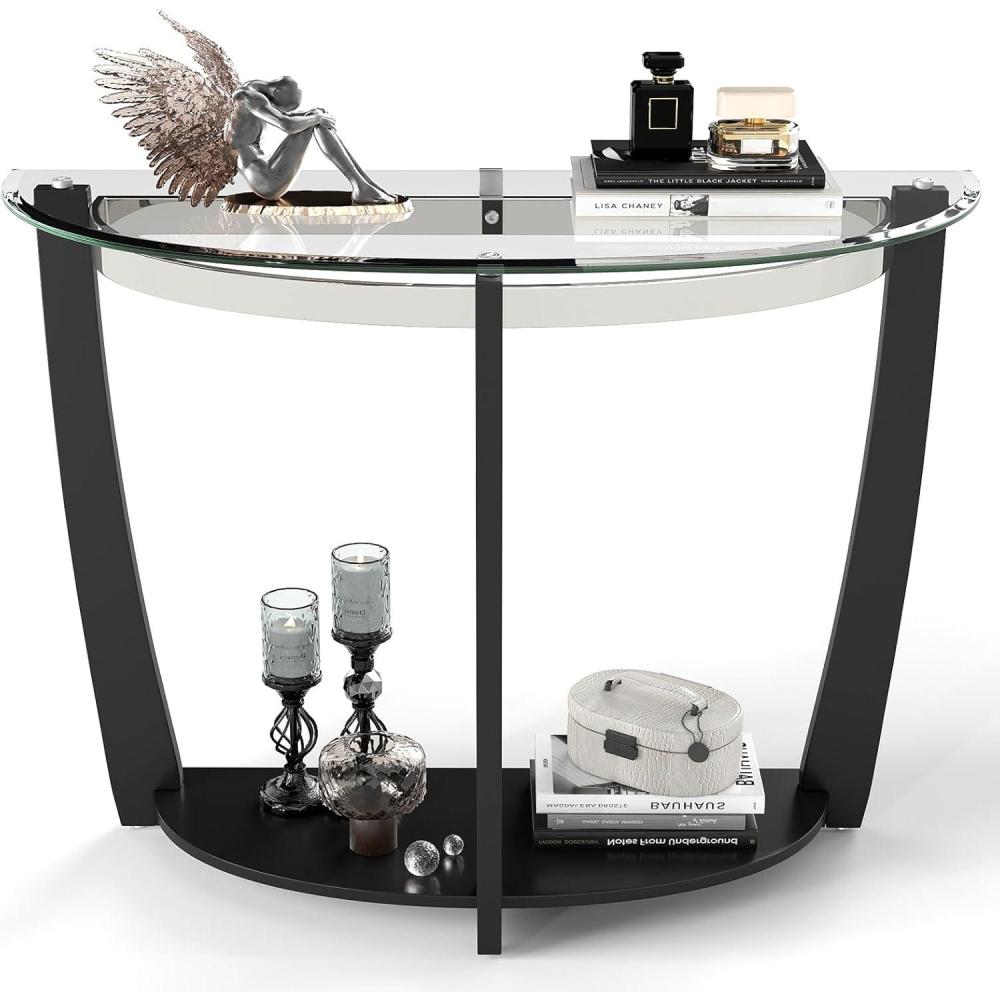 image:imageGiantex 2Tier Glass Console Table Half Moon Modern Entryway Table with Tempered Glass Top amp Open Storage Shelf Narrow Long Sofa Table for Living Room Hallway Foyer Entrance BlackBlack