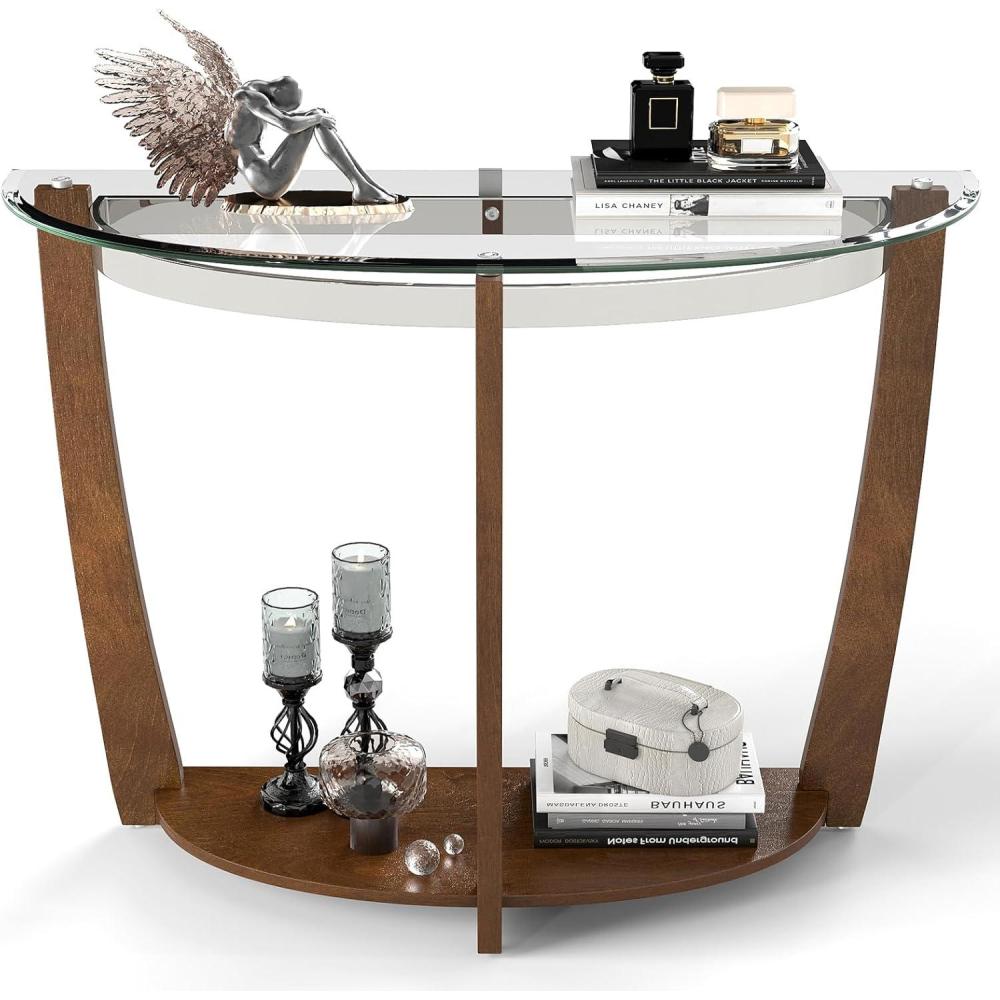 image:imageGiantex 2Tier Glass Console Table Half Moon Modern Entryway Table with Tempered Glass Top amp Open Storage Shelf Narrow Long Sofa Table for Living Room Hallway Foyer Entrance BlackWalnut