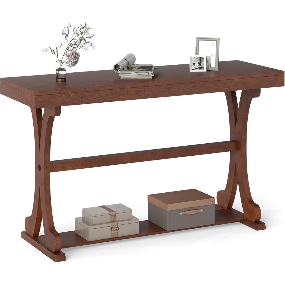 image:imageGiantex 52 Narrow Console Table Vintage Accent Entryway Table with Open Storage Shelf Long Wooden Behind Couch Sofa Table with Antitip Kit for Small Spaces Living Room Hallway BlackWalnut