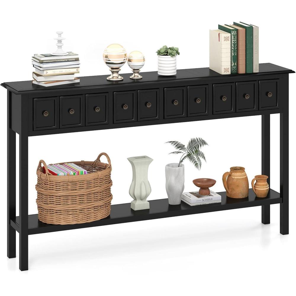 image:imageGiantex 60 Entryway Table Long Narrow Console Table with 4 Drawers and Open Storage Shelf Modern Slim Entry Tables Farmhouse Wooden Sofa Tables with AntiTip Kit for Living Room Hallway BlackBlack