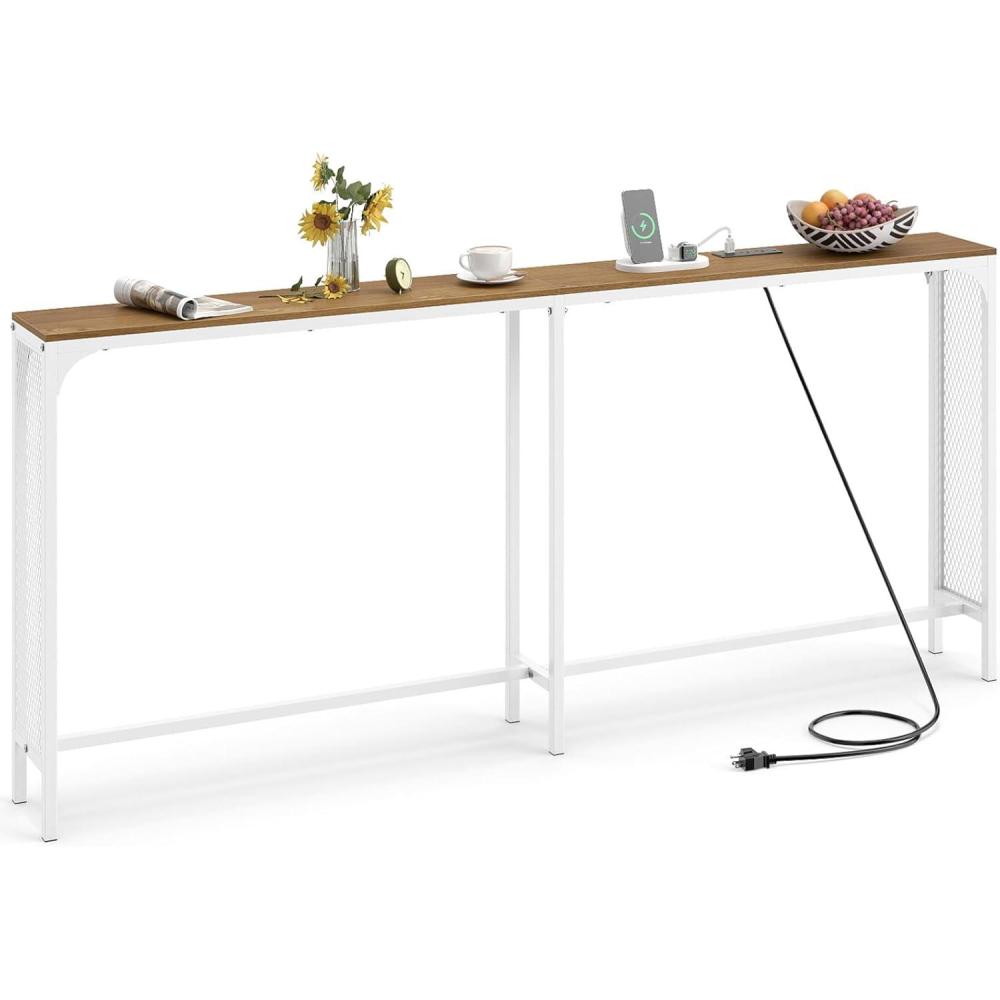 image:imageGiantex 71 Narrow Console Table with 2 Power Outlets and USBC Ports Sofa Tables with Charging Station amp Metal Frame Skinny Behind Couch Tables Long Entryway Tables for Living Room NaturalWhiteNatural White
