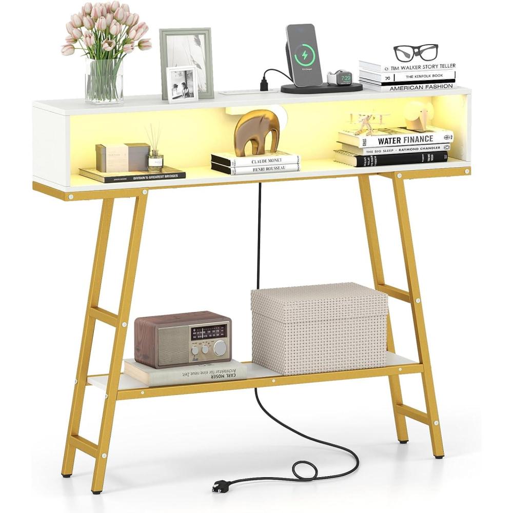 image:imageGiantex 71 Narrow Console Table with 2 Power Outlets and USBC Ports Sofa Tables with Charging Station amp Metal Frame Skinny Behind Couch Tables Long Entryway Tables for Living Room NaturalWhiteWhite Gold