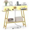 Giantex 71″ Narrow Console Table with 2 Power Outlets and USB-C Ports, Sofa Tables with Charging Station & Metal Frame, Skinny Behind Couch Tables, Long Entryway Tables for Living Room, Natural+White(White + Gold)