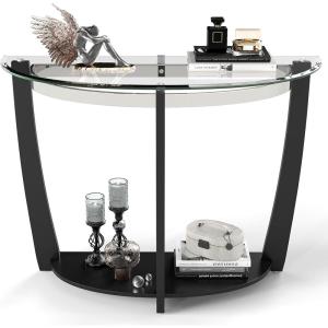 Giantex 2-Tier Glass Console Table, Half Moon Modern Entryway Table with Tempered Glass Top & Open Storage Shelf, Narrow Long Sofa Table for Living Room, Hallway, Foyer, Entrance (Black)(Black)