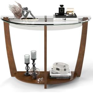 Giantex 2-Tier Glass Console Table, Half Moon Modern Entryway Table with Tempered Glass Top & Open Storage Shelf, Narrow Long Sofa Table for Living Room, Hallway, Foyer, Entrance (Black)(Walnut)