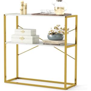 Giantex 36″ Narrow Console Table, 2-Tier Entryway Tables with Faux Marble Top & Heavy-Duty Metal Frame, Behind Couch Table, Modern Sofa Tables with Open Storage Shelves for Entrance, Living Room,Foyer(White+gold)