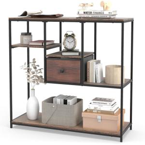 Giantex 40″ Narrow Console Table, Modern Sofa Table with Open Storage Shelves and Removable Drawer, Skinny Behind Couch Tables, Long Entrway Tables for Living Room, Foyer, Hallway (Rustic Brown+Black)(Rustic Brown + Black)