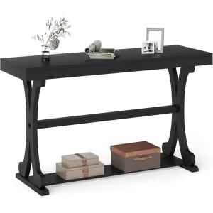 Giantex 52″ Narrow Console Table, Vintage Accent Entryway Table with Open Storage Shelf, Long Wooden Behind Couch Sofa Table with Anti-tip Kit for Small Spaces Living Room Hallway (Black)(Black)