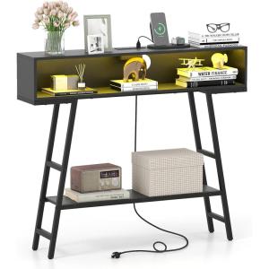Giantex 71″ Narrow Console Table with 2 Power Outlets and USB-C Ports, Sofa Tables with Charging Station & Metal Frame, Skinny Behind Couch Tables, Long Entryway Tables for Living Room, Natural+White(Black)