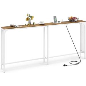 Giantex 71″ Narrow Console Table with 2 Power Outlets and USB-C Ports, Sofa Tables with Charging Station & Metal Frame, Skinny Behind Couch Tables, Long Entryway Tables for Living Room, Natural+White(Natural + White)